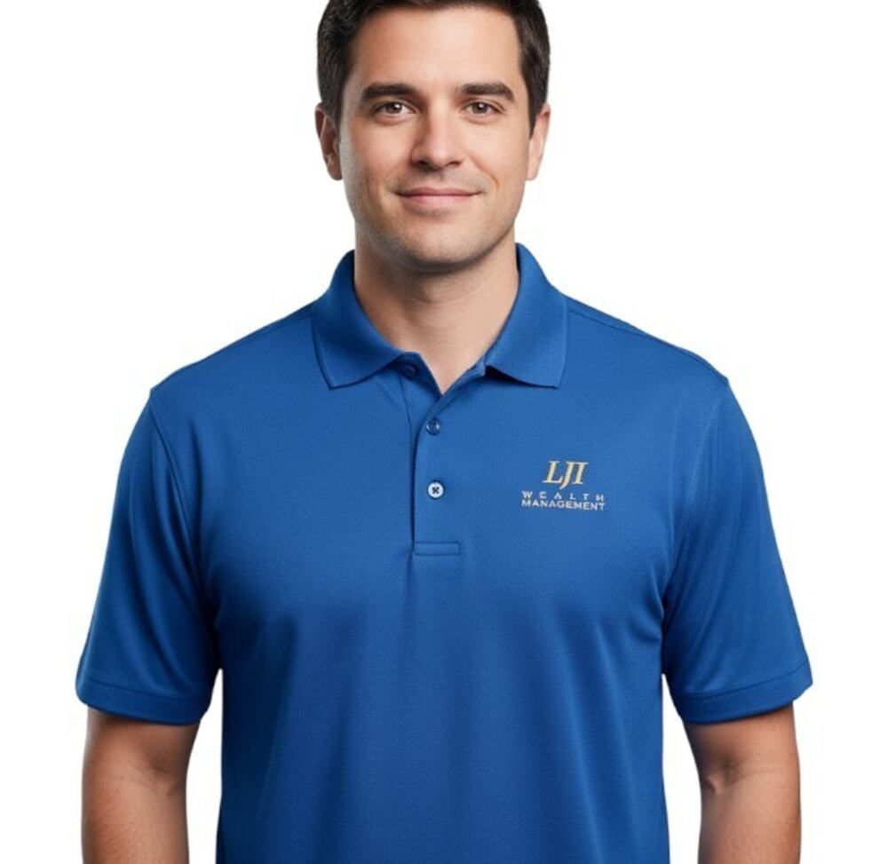 NWT Devon & Jones Men’s LARGE CrownLux Polo Blue LJI Wealth Management Logo Golf